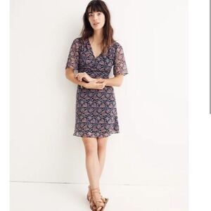 Madewell Navy Floral Sheer V Neck Skater Dress Size